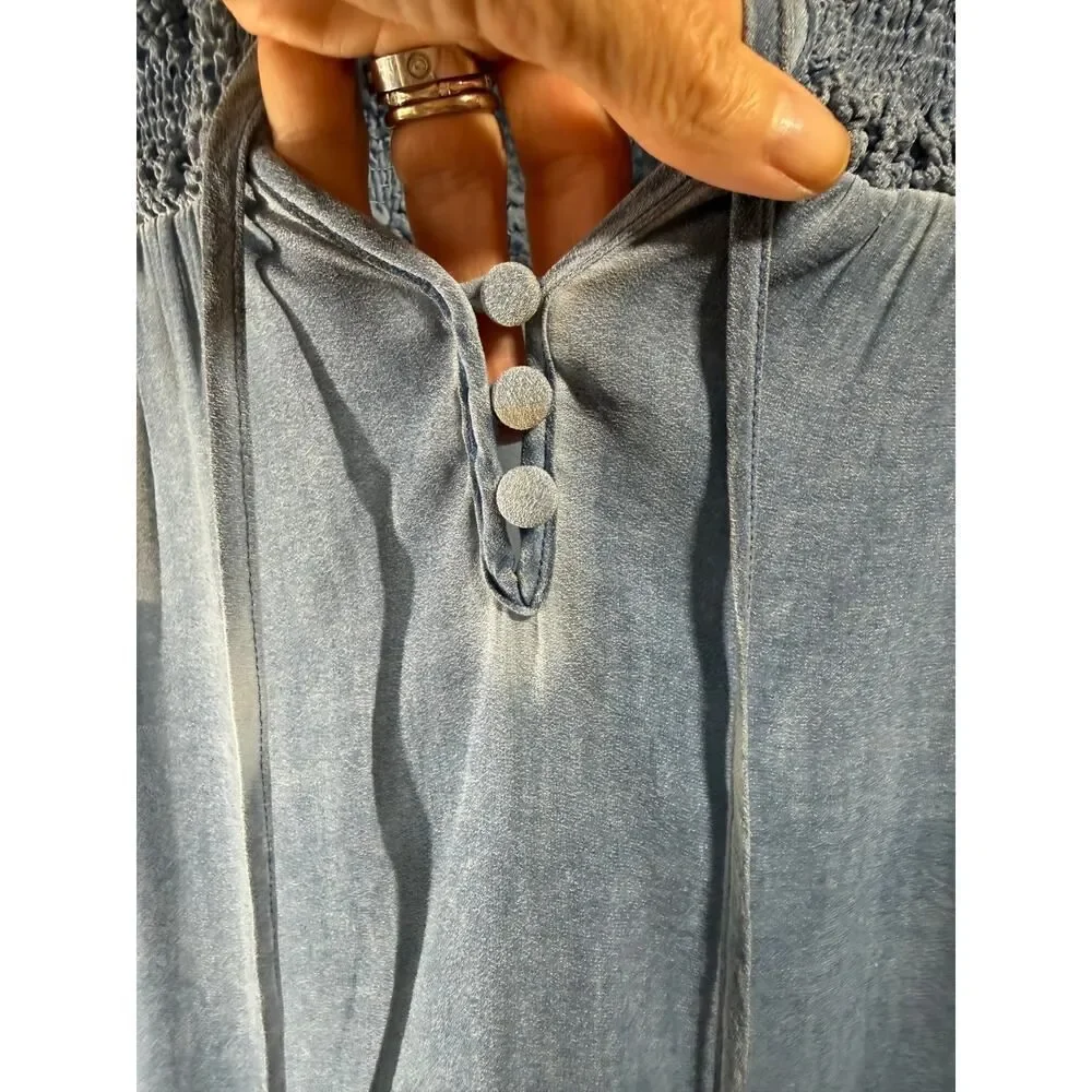 FREE PEOPLE Women's Ruffle Me Up Semi Sheer Smocked Sleeveless Top Blue Small
